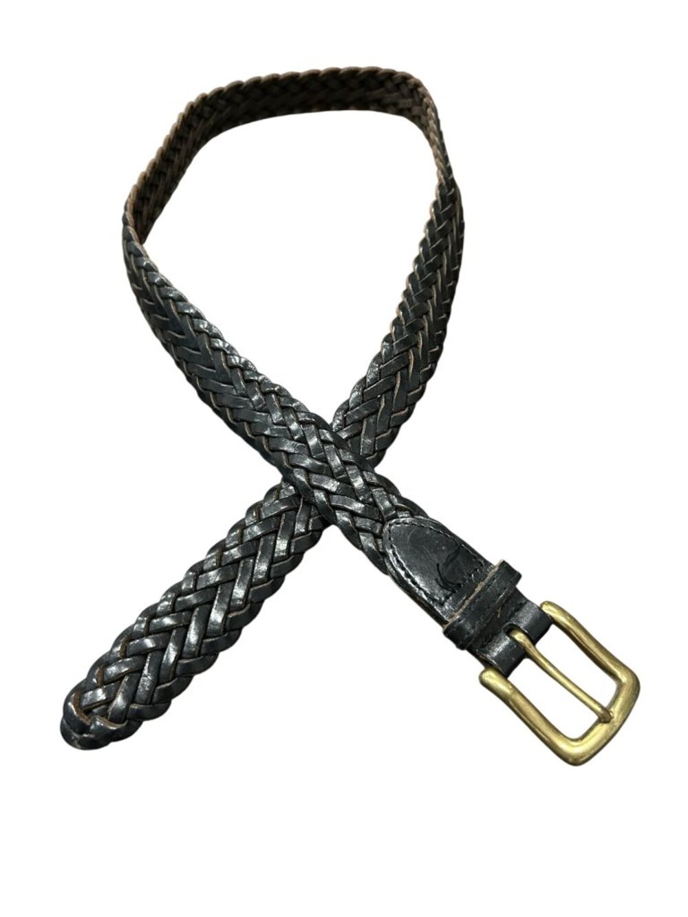 Unisex 32 Braided Belt Black Leather Brass Buckle Vintage Heritage Style